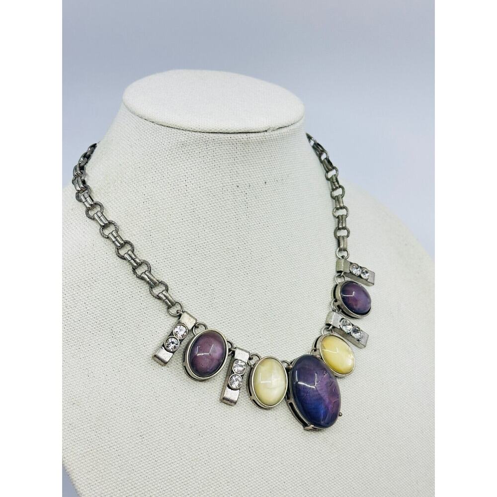 Womens Statement Necklace Iridescent Purple Yellow Cabochon Silver Tone Jewelry - Picture 2 of 9